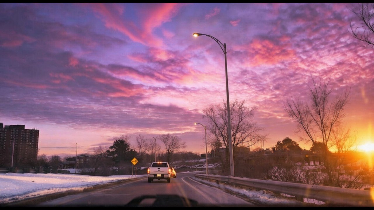 Driving Into an Unreal Purple Sunrise in Montreal 4K