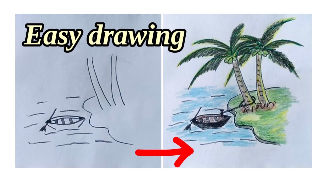 How to Draw a Simple Scenery Step by Step | Easy Island & Boat Drawing for || সহজ দৃশ্য আঁকা।