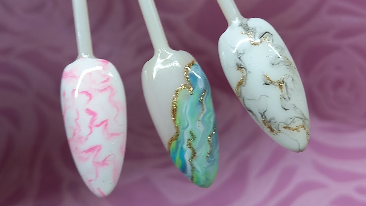 Tres formas distintas de realizar efecto marmol en uñas fácil #efectomarmol #uñasacrilicas