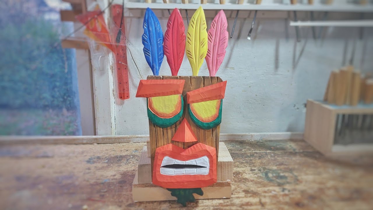 Carving Aku Aku Mask out of wood 