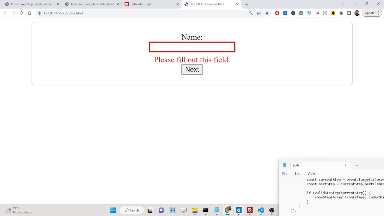 Пример JavaScript для проверки многошаговой HTML5-формы с пользовательскими сообщениями об ошибка...