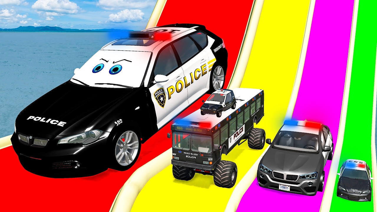 Giant & Small Police Car vs Portal Trap with Slide Colors – Cars vs Trains – BeamNG.Drive