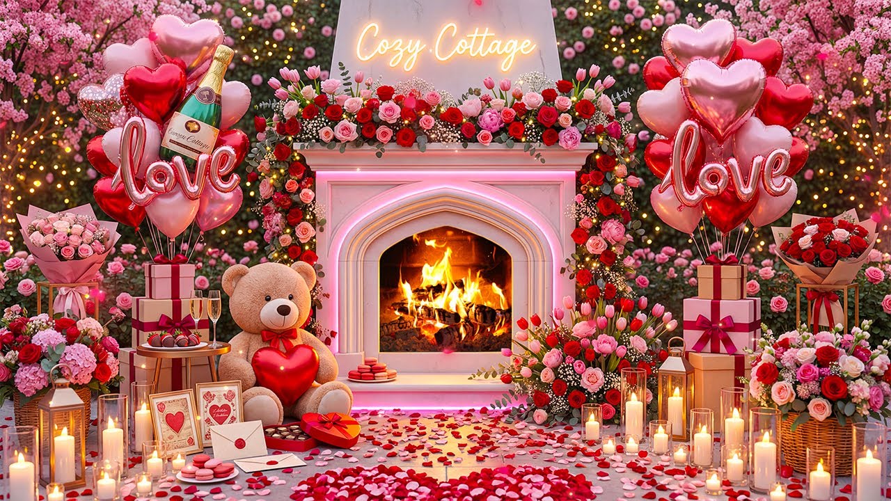 Cozy Valentine's Day Fireplace Ambience❤️🌹 Valentine Romantic Instrumental Music💌 Happy Valentine's