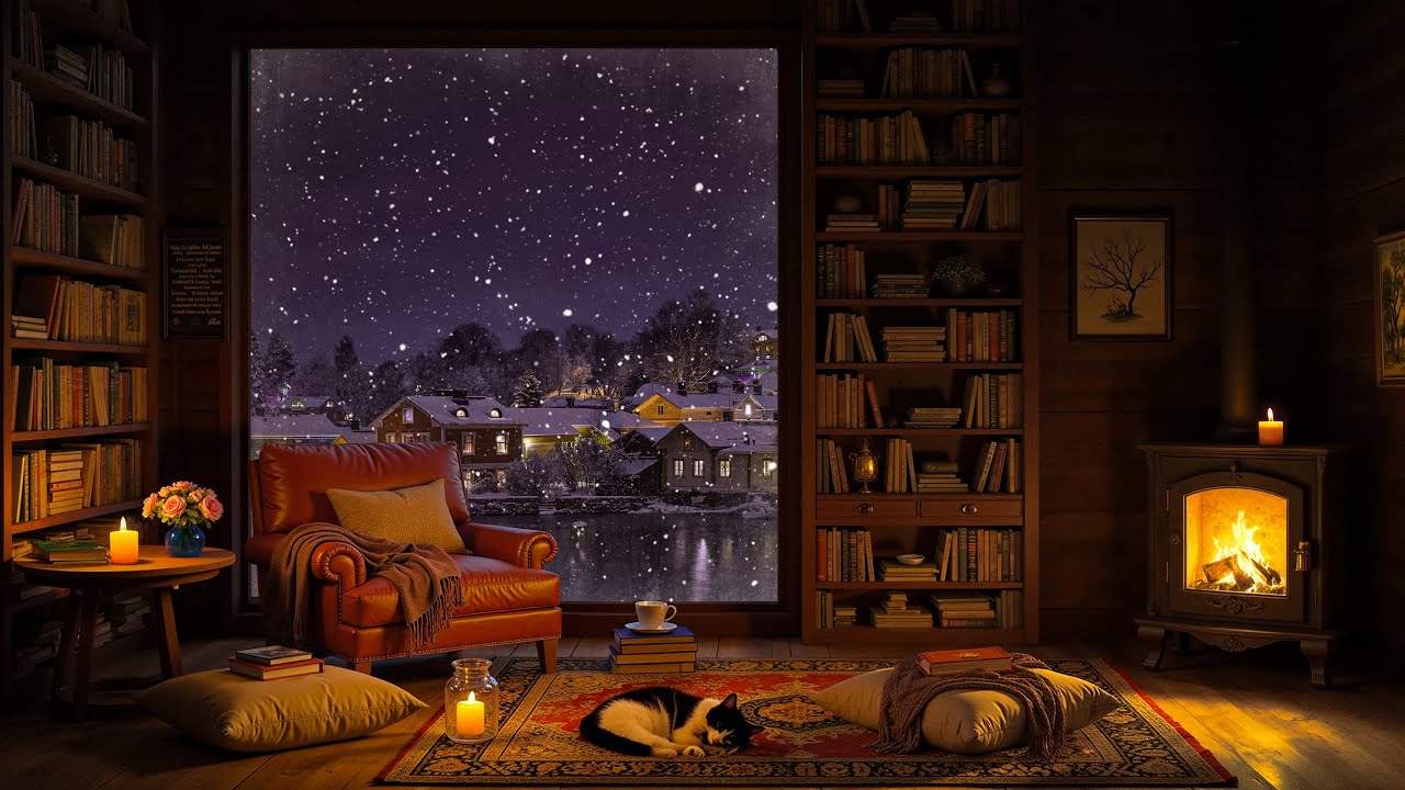 Cozy Winter Jazz Night 🔥 Warm Fireplace & Peaceful Reading Room with Snowfall Ambience ❄️