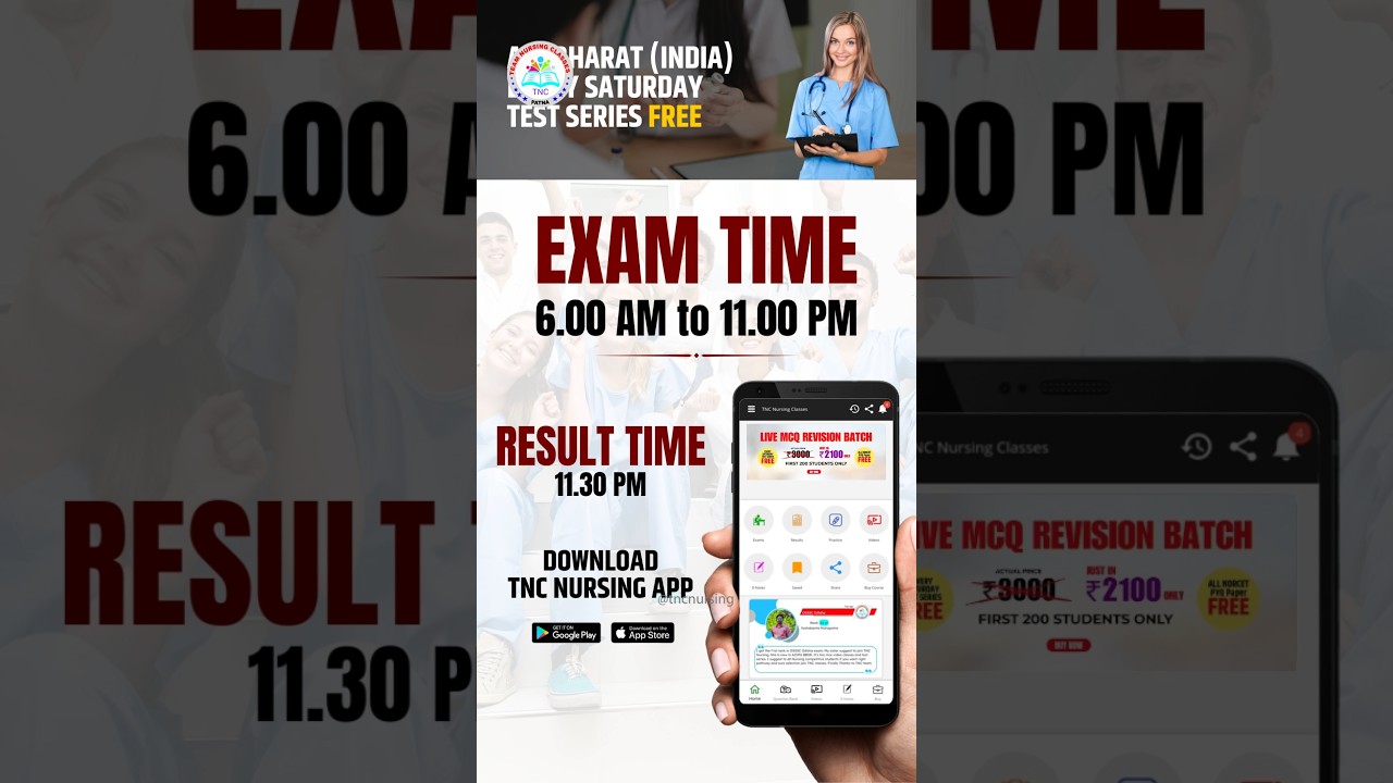TNC Nursing Classes Saturday FREE Test Series | 6 AM–8 PM Test | 11:30 PM Result | App Download