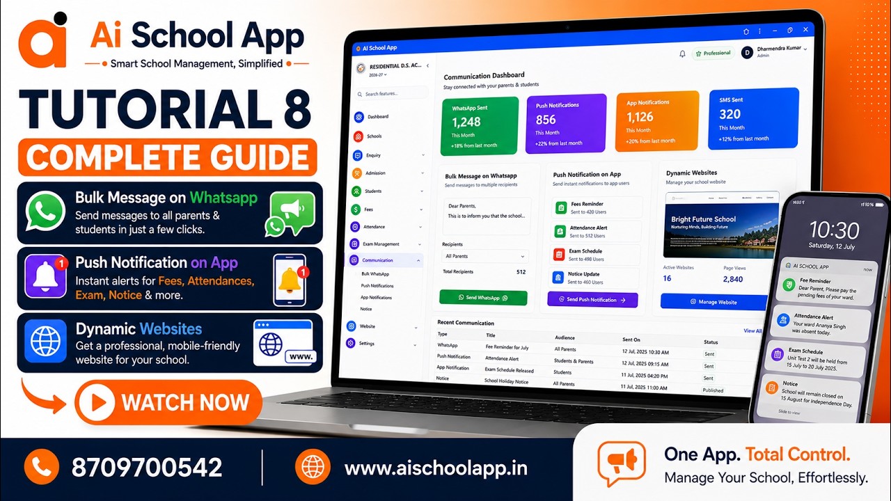 AI School App Tutorial 8 | Bulk WhatsApp, Push Notifications & Dynamic School Website