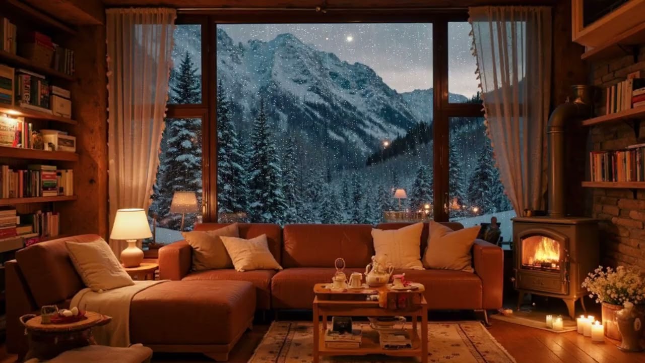 Rain on the Cabin Windows with Soft Jazz & Fireplace Glow for Quiet Nights, Study and Sleep