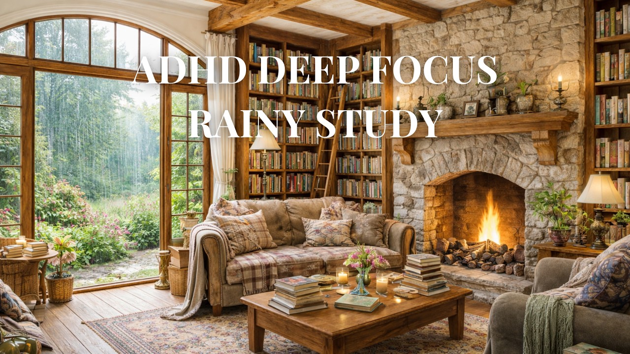 Bright Spring Cottage Library 🌧️ Fireplace & Rain Sounds for ADHD Focus | No Music Study Ambience