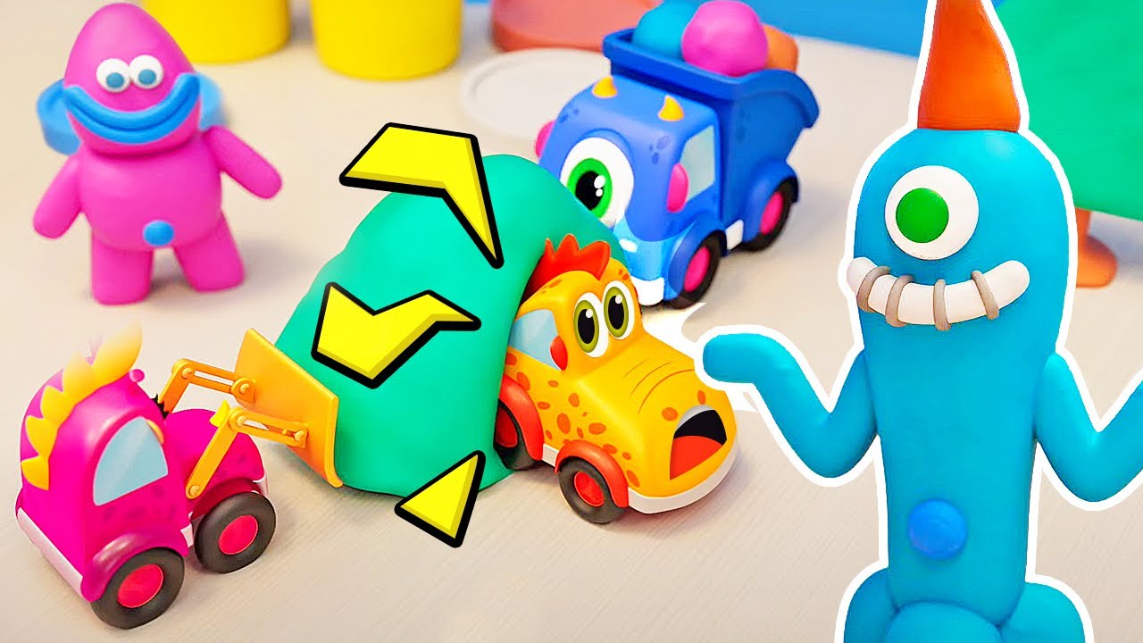 A new episode of the Mocas cartoon for kids. The little monster cars play with colorful plasticine.