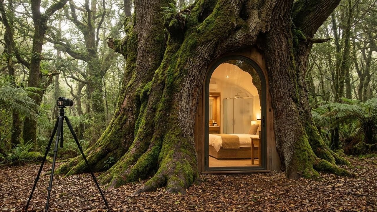 I Created a Silent Forest Cabin Concept Inside a Giant Hollow Tree (ASMR)