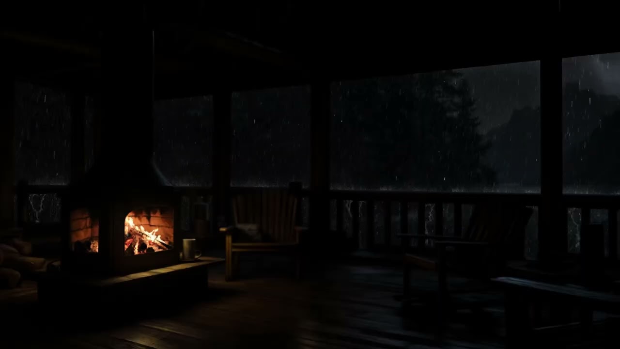 Ad-Free ⚡Rain & Thunder Sounds | Cozy Fireplace Glow, Soft Rain & Calm Forest Night Ambience 🌲