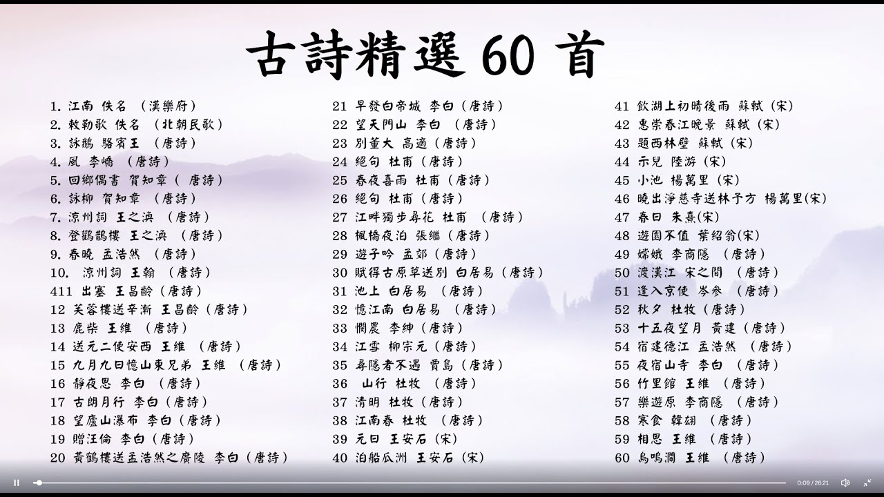 廣東話朗讀古詩60首90分鐘不停播 唐詩 宋詞 民歌 (靜夜思 樂遊原  遊子吟 池上 早發白帝城 春曉 相思 秋夕...) Ancient Chinese Poems in Cantonese