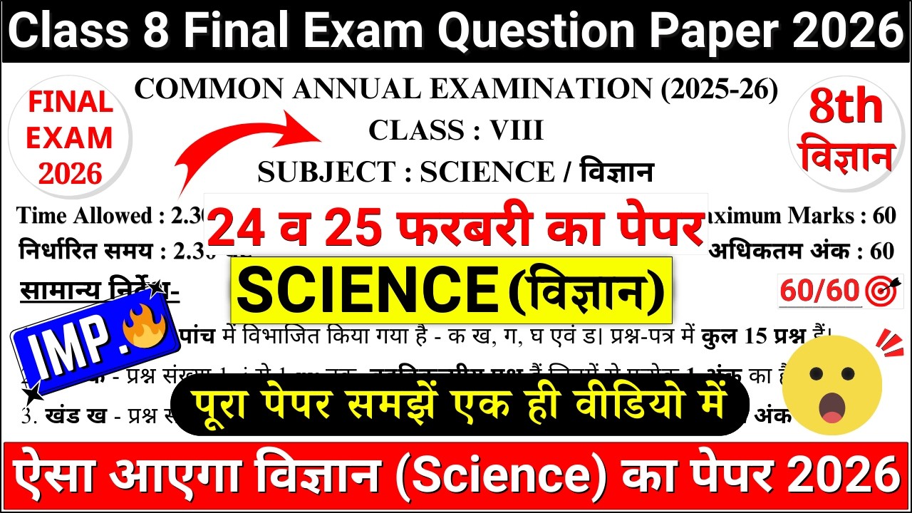class 8 science final exam question paper 2026 | class 8 science annual exam paper 2026 |8th science