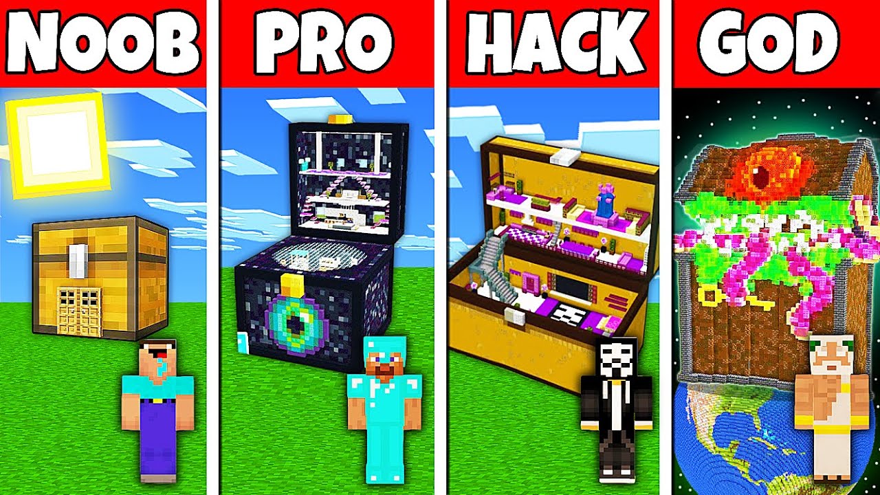 Minecraft Battle: NOOB vs PRO vs HACKER vs GOD! CHEST BLOCK BASE HOUSE BUILD CHALLENGE in Minecraft