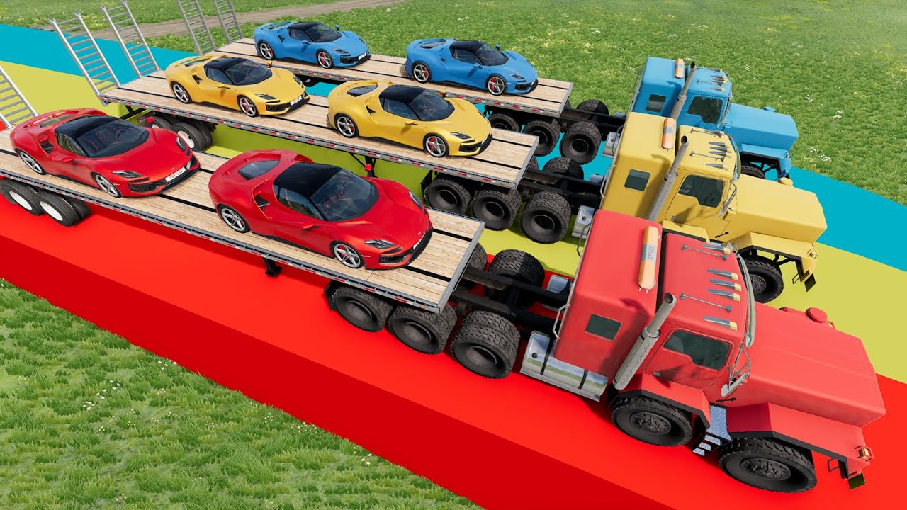 Cars vs Portal Trap With Slide Colors - Double Flatbed Long Trailer Truck Rescue Cars - BeamNG.Drive