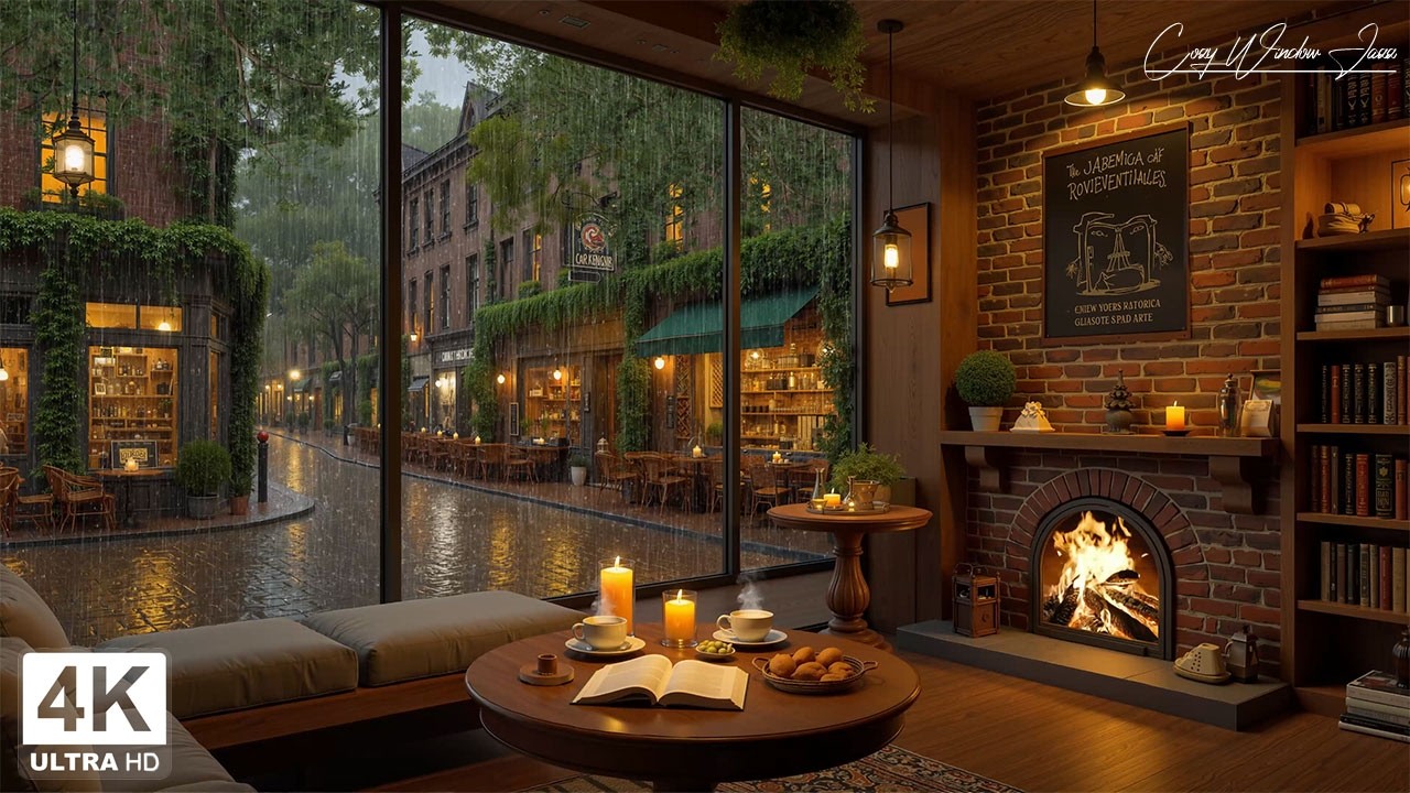 Beautiful April Evening Jazz 🌧️ Smooth Piano, Coffee Shop Ambience & Fireplace Glow at Nights