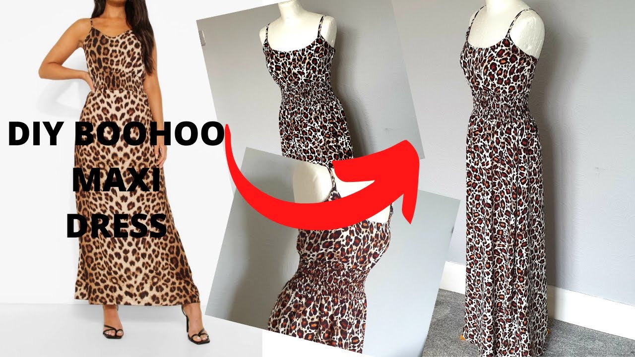 DIY LEOPARD SHIRRED MAXI DRESS. how to sew a shirred dress. Boohoo inspired