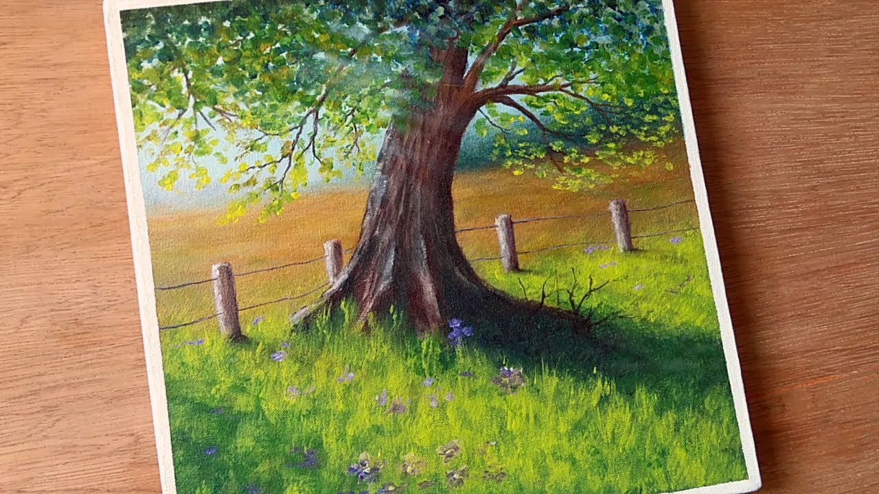 Como Pintar Un Amanecer Y Arbol En El Campo Con Acrilico