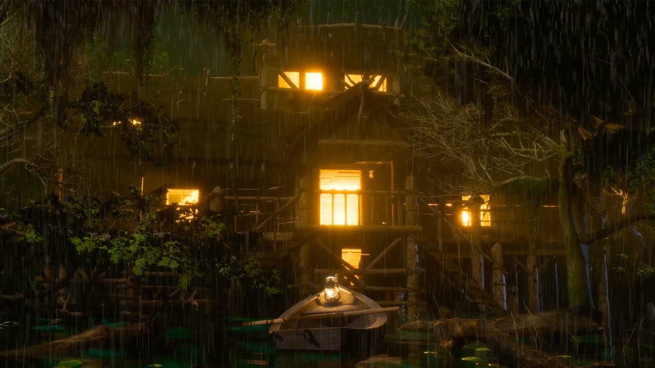 Rainy Night Swamp Sounds | Crickets, Frogs, Owls, Rain on Water | Relaxing Swamp Ambience