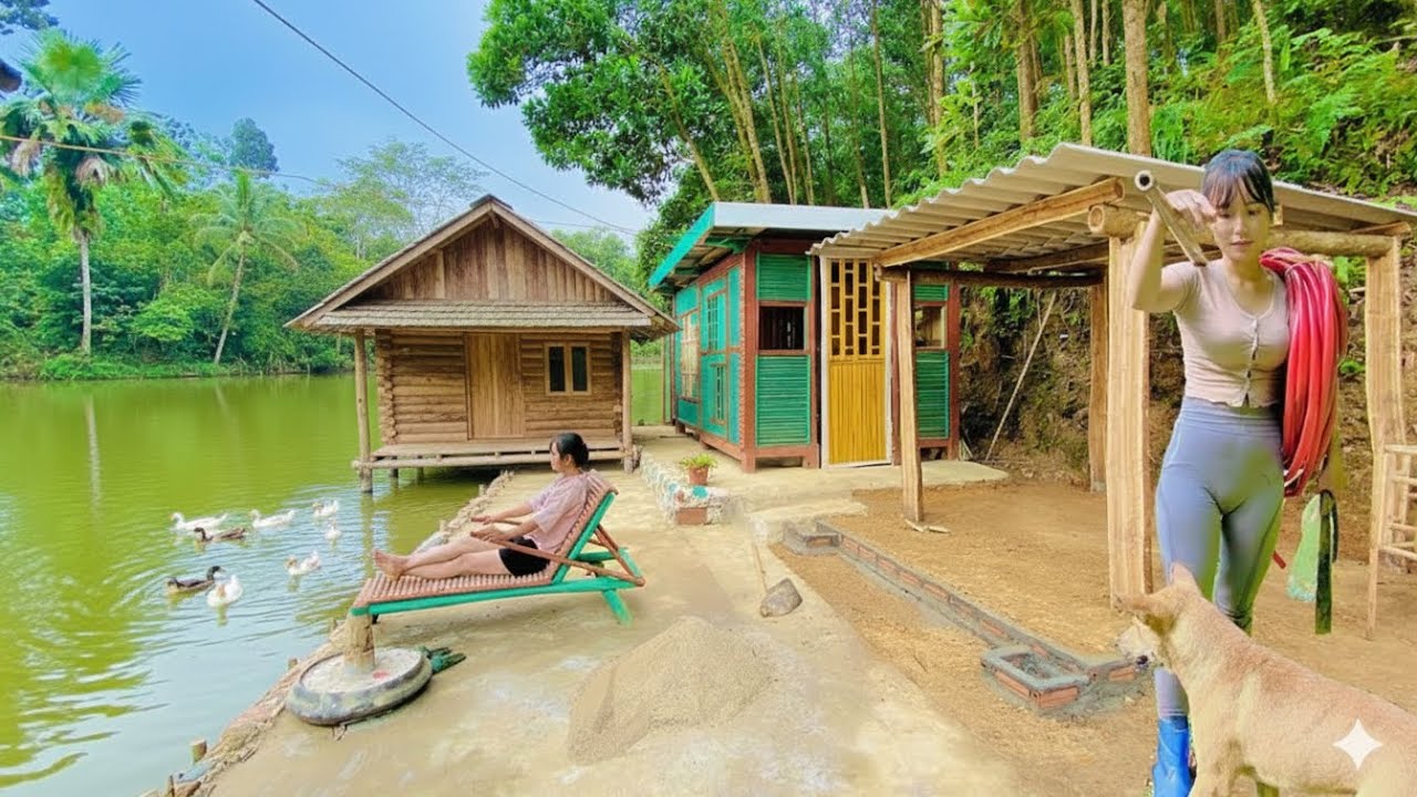 Full 360-day video Girl built a wooden house by the lake in the forest by herself
