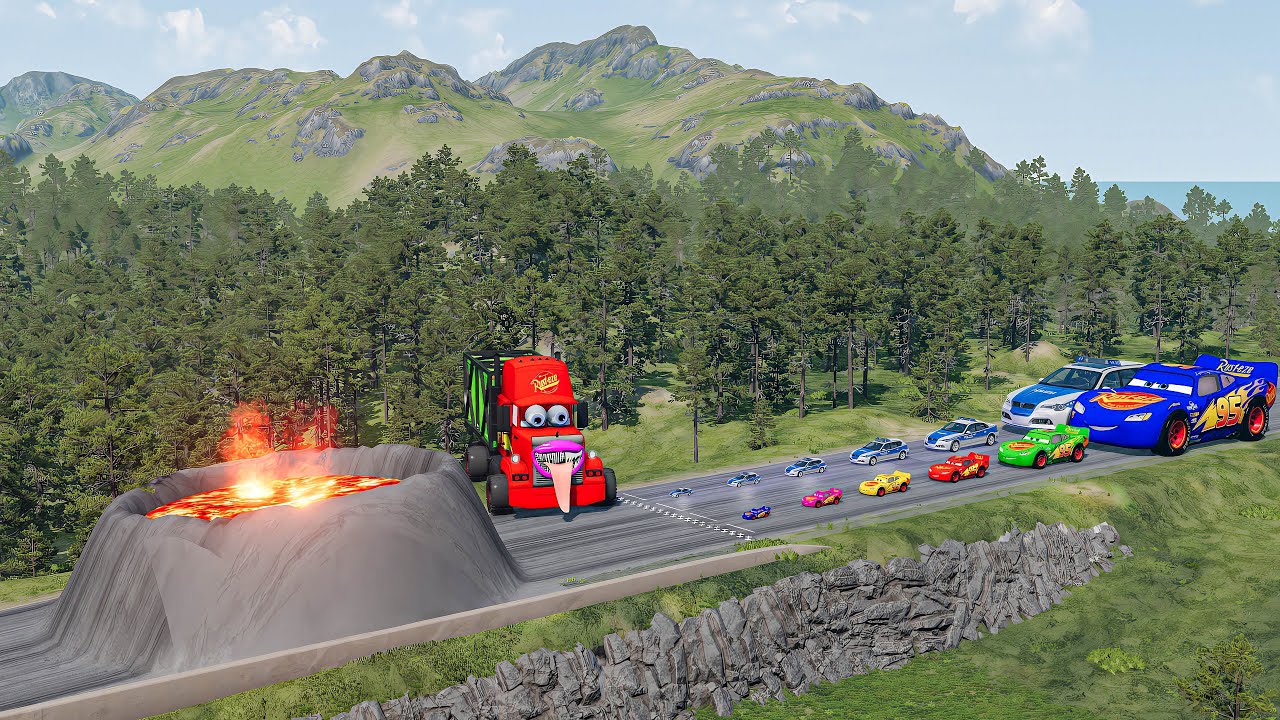 Big & Small McQueen & Police Car vs Zombie Mack vs Giant Volcano Downhill Race – BeamNG.drive