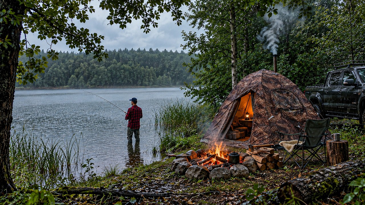 3 Days Alone at a Remote Forest Lake. Fishing, Camping, Mushrooms and Campfire Cooking