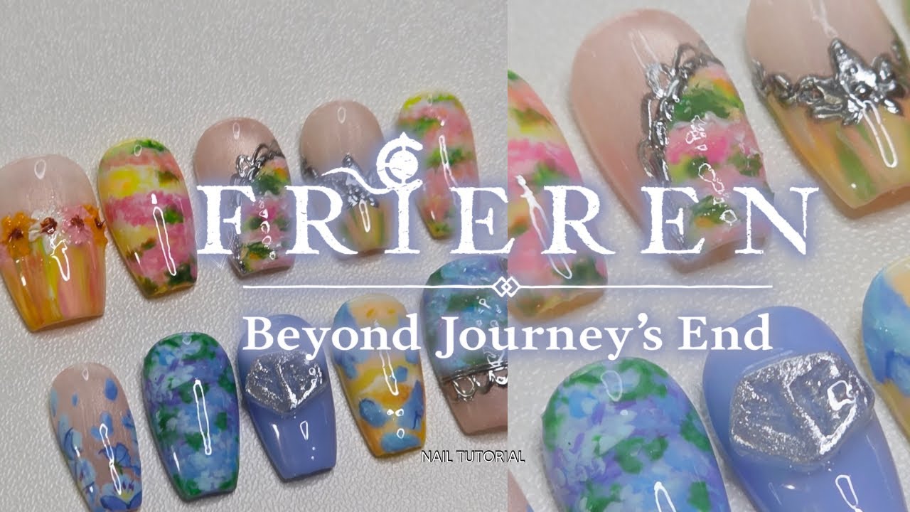 Frieren Inspired Nails 🏵🌷 Nail Art, cateye nails, gel oil paint, 3d chrome art