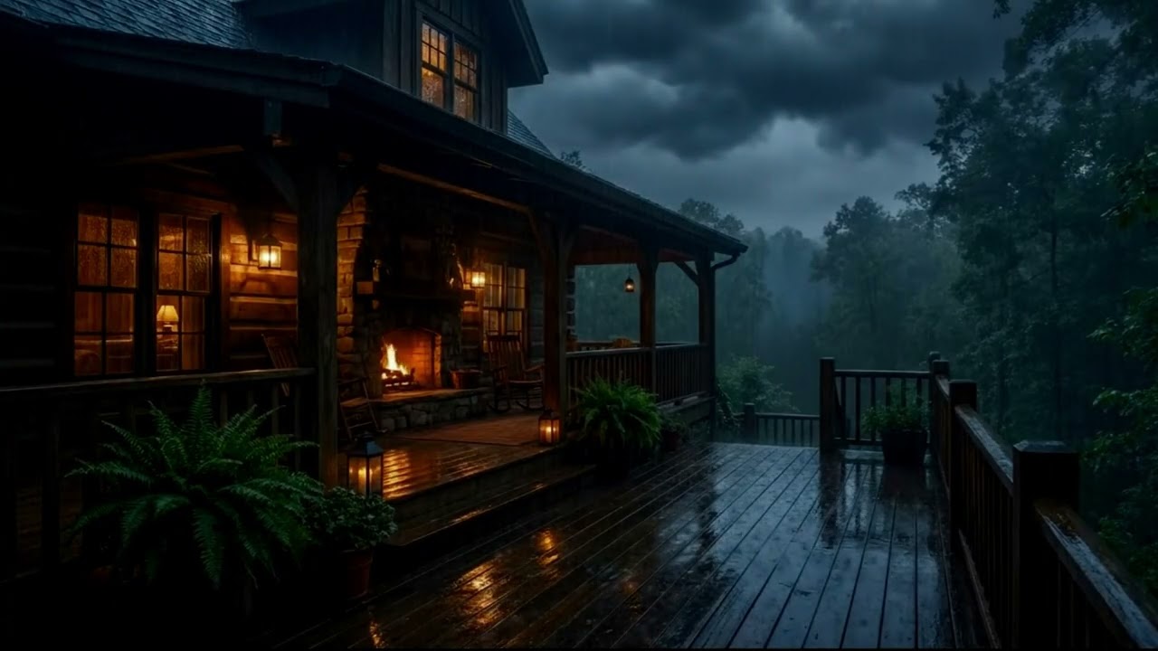 Rainy Night Cabin Ambience 🌧️ Fireplace & Forest Sounds for Deep Sleep