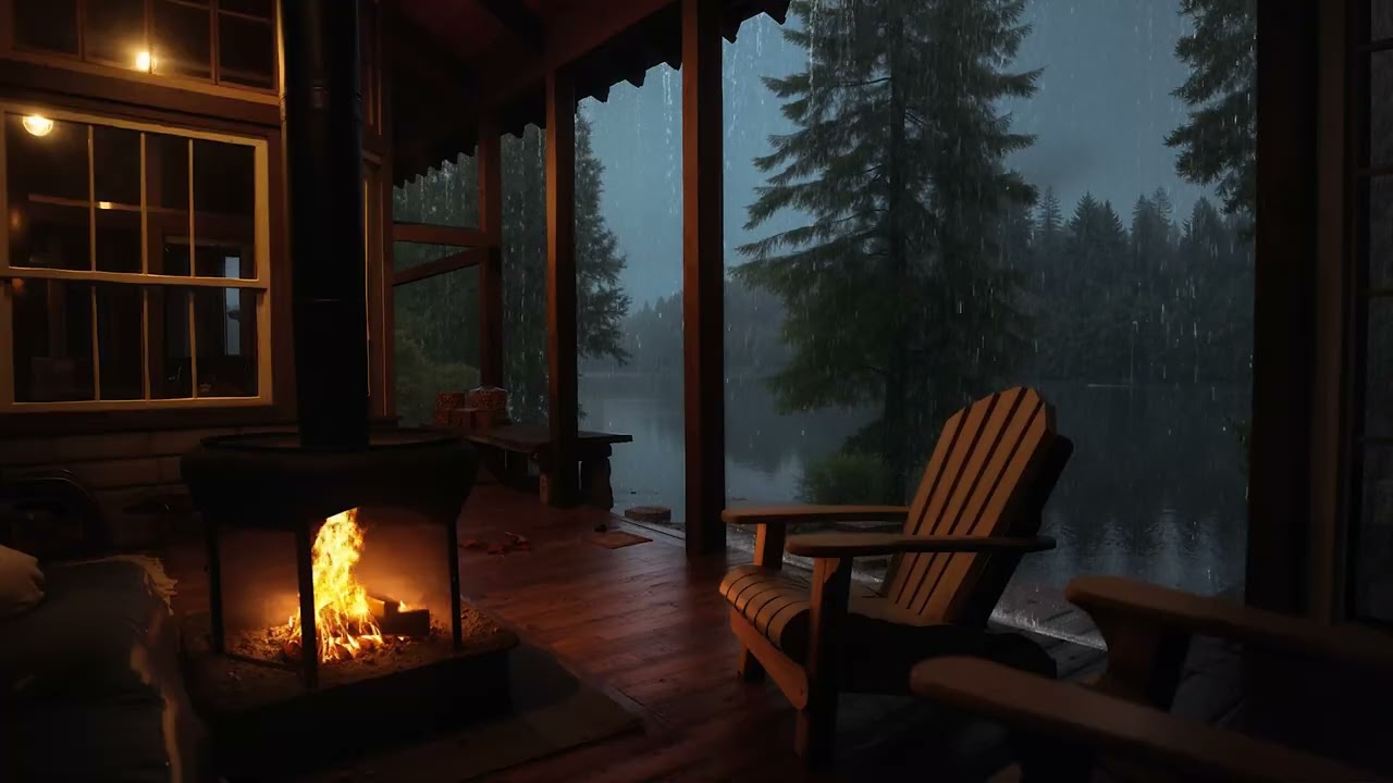 Quiet Rain Falling Outside a Warm Cabin Porch | Peaceful Fireplace Ambience to Unwind