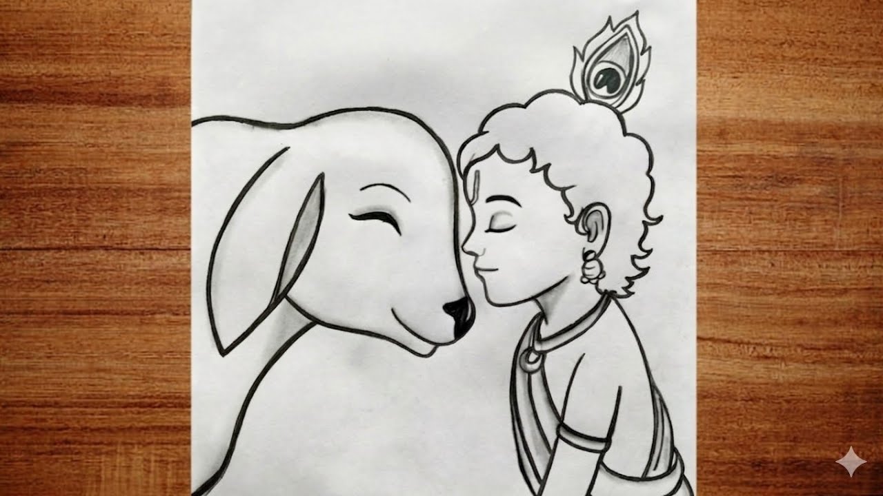 How To Draw Bal Gopal With Cow / Krishna ji Cute Drawing Step by step 
