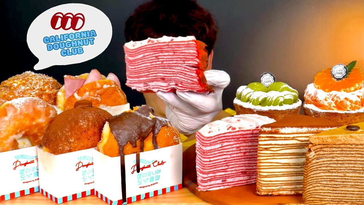 ASMR 크림가득 티라미수 초코 레몬크림 도넛 🍩 크레이프케이크 생과일타르트 먹방~! Choco Cream Doughnut With Crape Cakes Tart MuKBang~