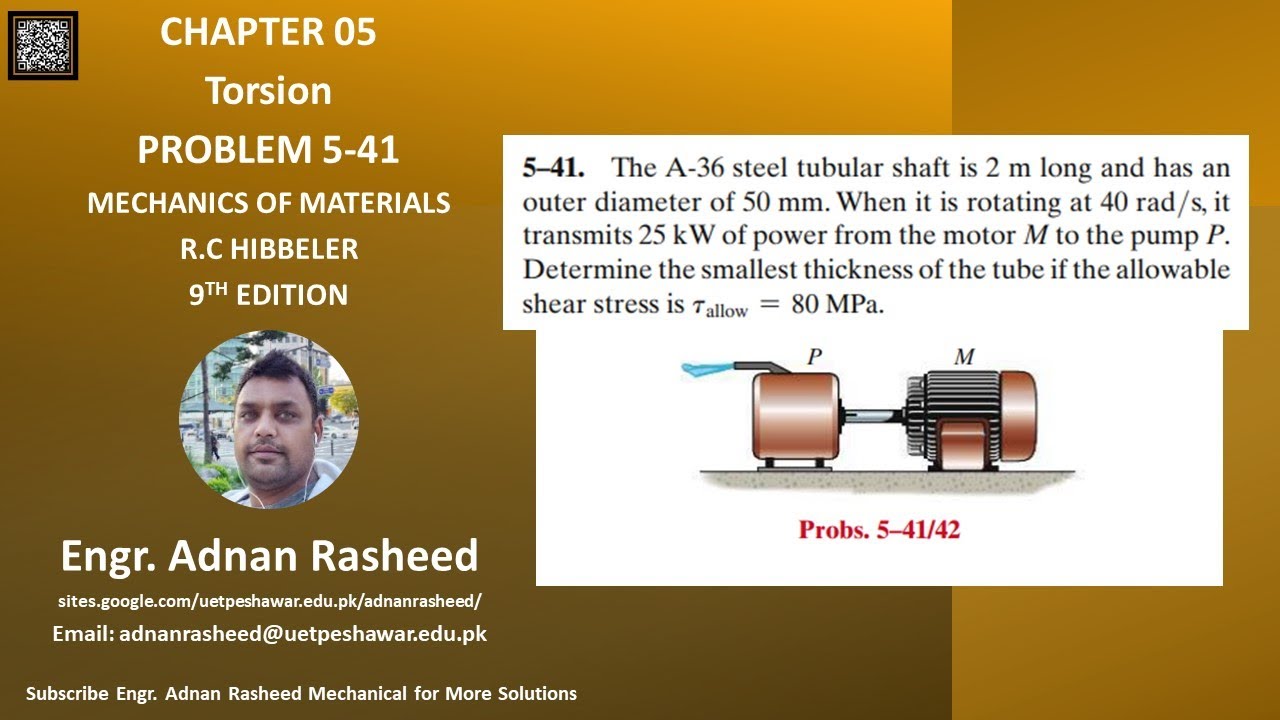 5-41 Determine the smallest thickness of the tube | Torsion | Mechanics of materials RC Hibbeler