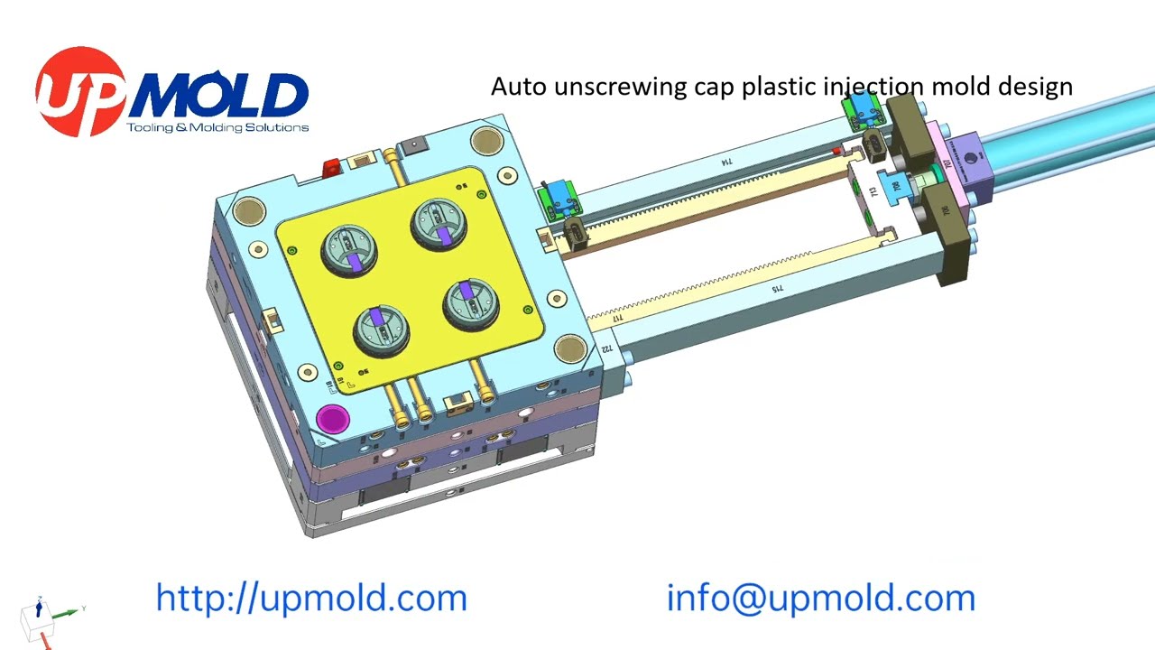 Unscrewing cap with spinning thread core on plastic mold making by Upmold.com