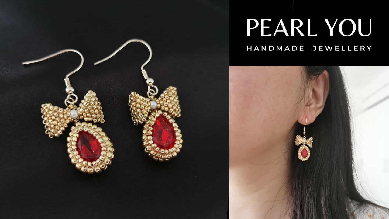 Red Gemstone Beaded Bowknot Pearl Earrings Tutorial, Handmade Seed Beads Jewellery by PEARL YOU