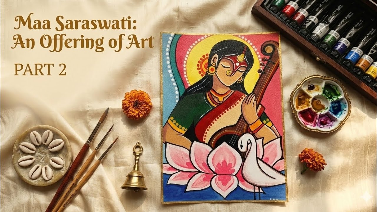 Recreating Sanju Art's Saraswati Maa Madhubani Art – Part 2 | 🩷Final Touches & Detailing Process🌸🪕