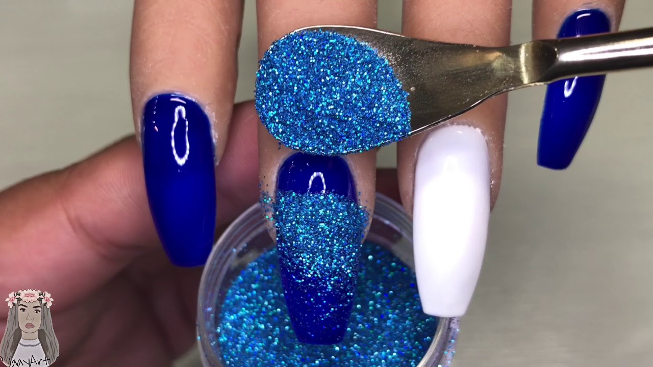 Diseño de UÑAS con GEL, Efecto azucar y diseño azul con dorado y marmol