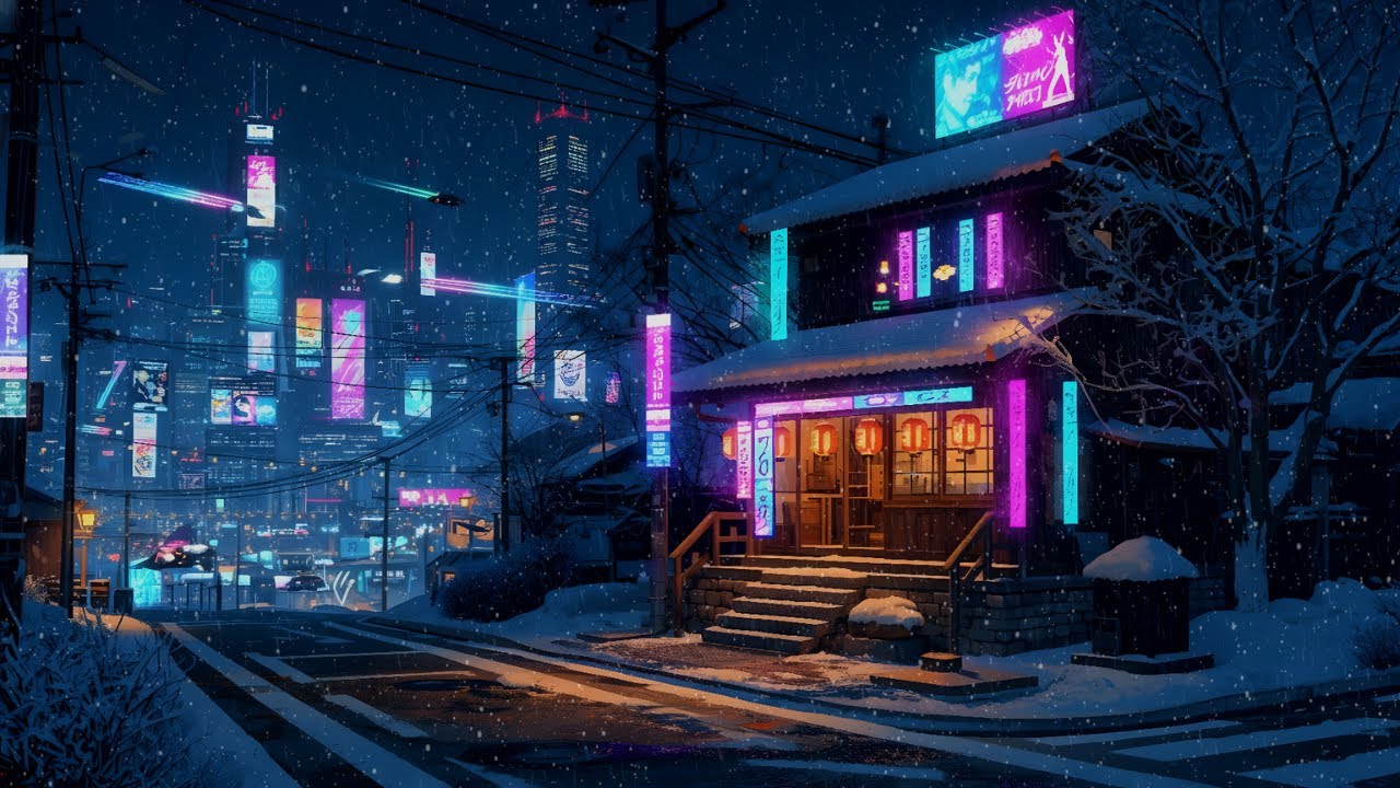 Snowy Cyberpunk Night 🌨️ Neon City Lofi for Study, Sleep & Relax