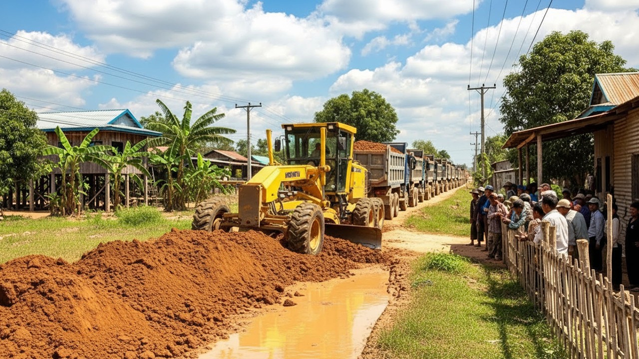 Massive Road Construction in Rural Village!Heavy Machinery at Work: Building a New Road.