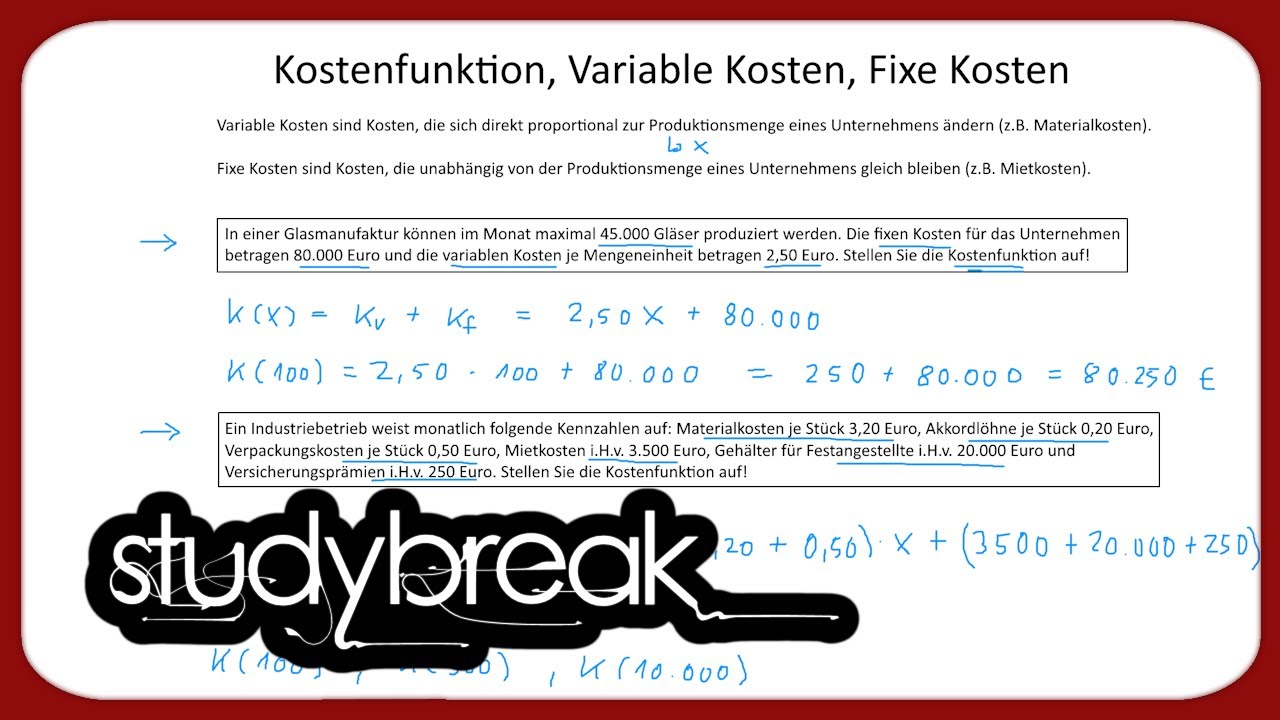Kostenfunktion, Variable Kosten, Fixe Kosten | Kosten- und Leistungsrechnung