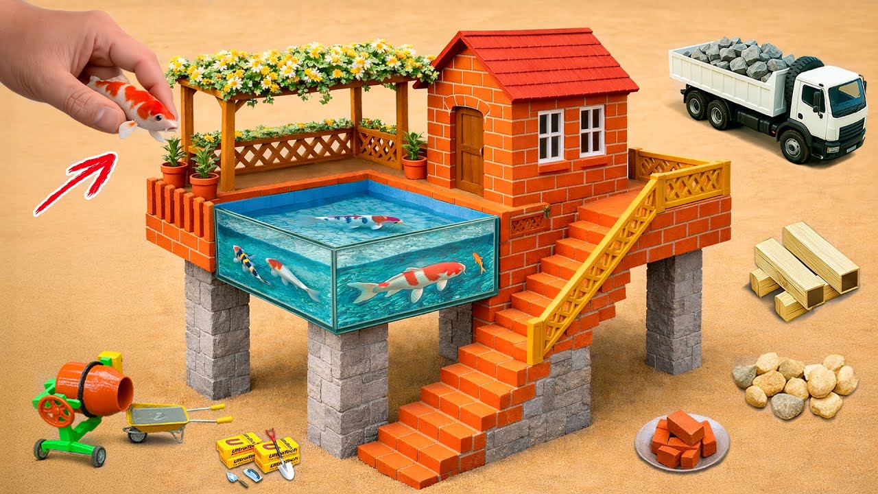 Building a Modern Brick House with a Mini Pool Using a Tractor | DIY Science Project |MinMin Tractor