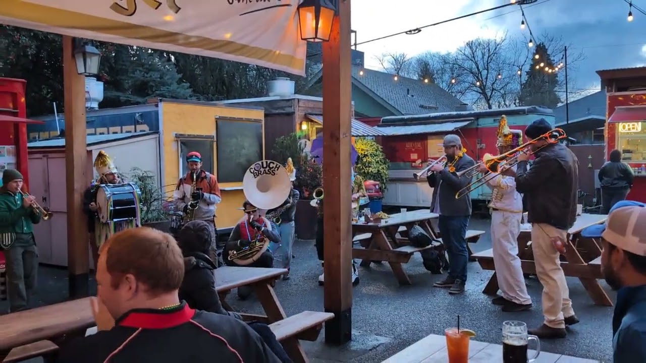 Tuesday February 17, 2026. There was a band in the food cart pod playing music for Fat Tuesday .