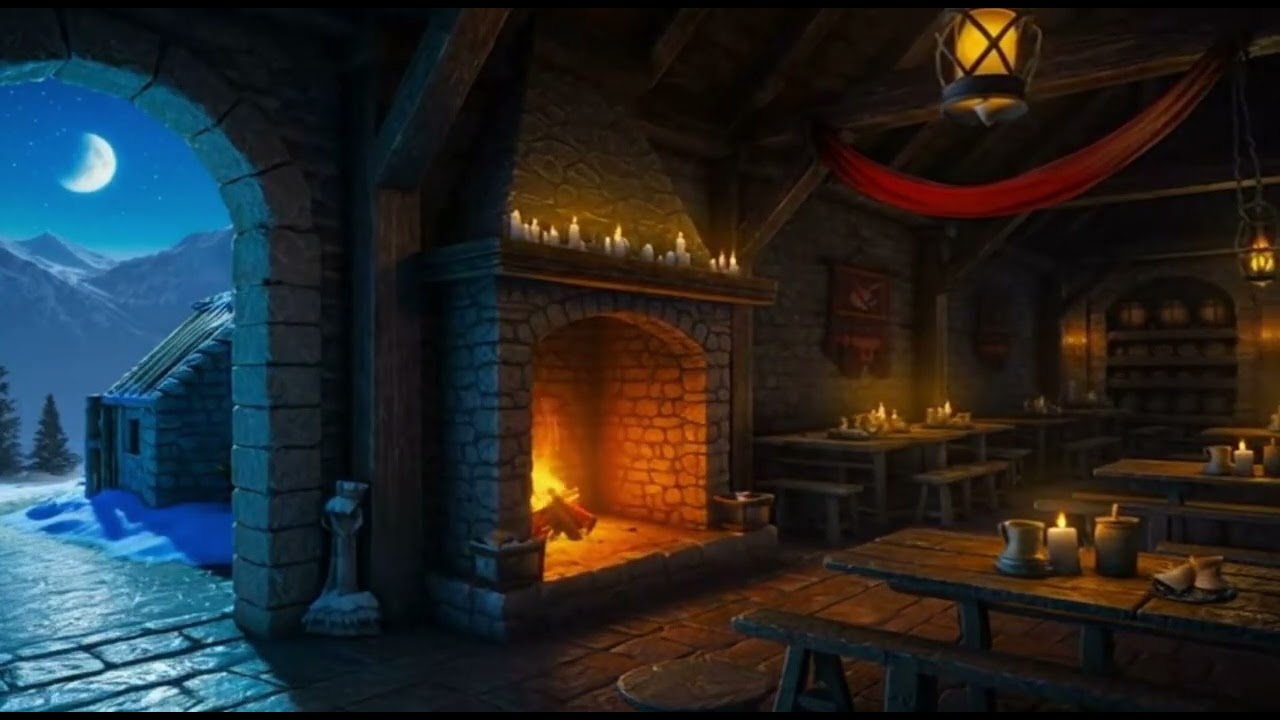 Cold Clear Night at the Stone Tavern 🦉🔥 3 Hours Medieval Ambience