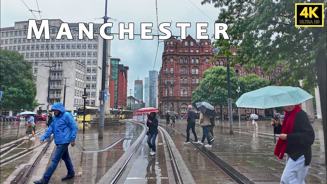 🇬🇧 Rainy day in Manchester, walking from St Peter's Sq via Piccadilly Gardens, Market St to King St