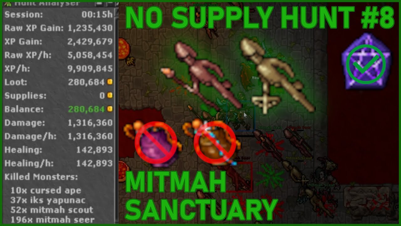 Tibia | Monk 518 | Mitmah Sanctuary | No Supplies Hunt #8