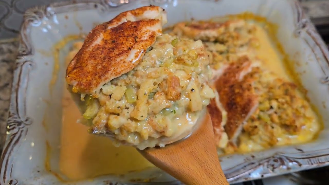 Запеканка с фаршированной курицей и заправкой | Рецепт куриного ужина