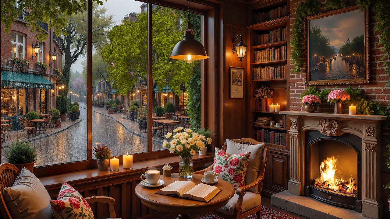 Warm Rainy Coffee Shop ☕🌧️ Gentle Jazz Piano with Crackling Fireplace for Study & Focus
