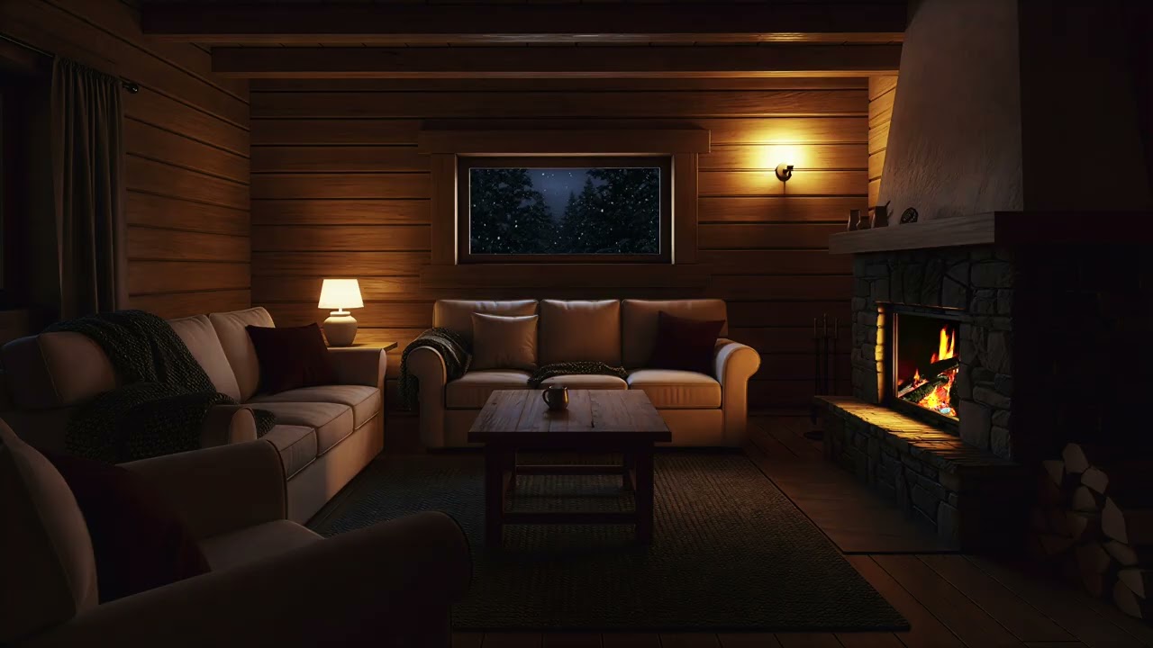 Soft Snowfall Through the Forest – Cozy Cabin Winter Night Ambience