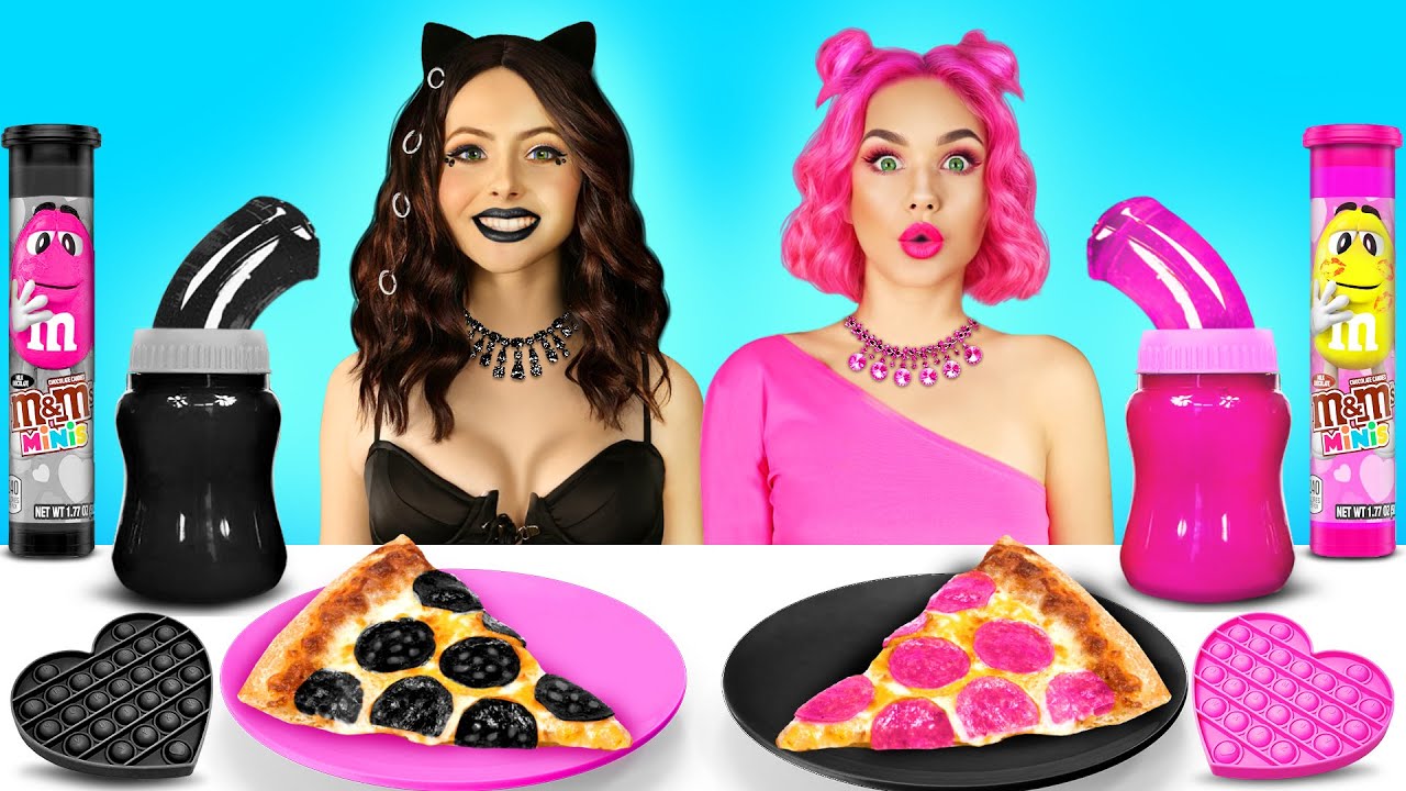 Chocolate Vs Black VS Pink Food Challenge! Eating 1 Color Food & Sweets 24 Hours by RATATA CHALLENGE