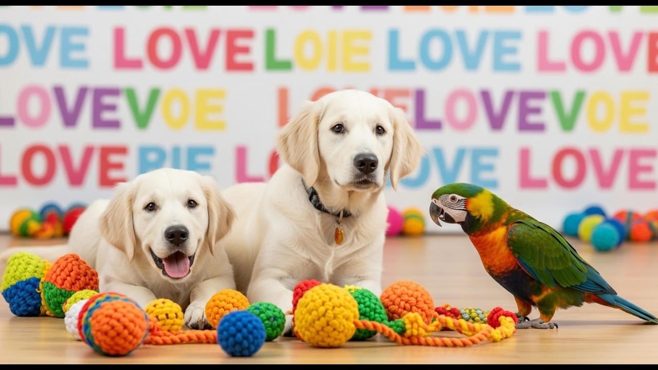 Soft Cozy Love 🐶🦜💛  Baby Retriever and Parrot Enjoy Gentle Toy Play