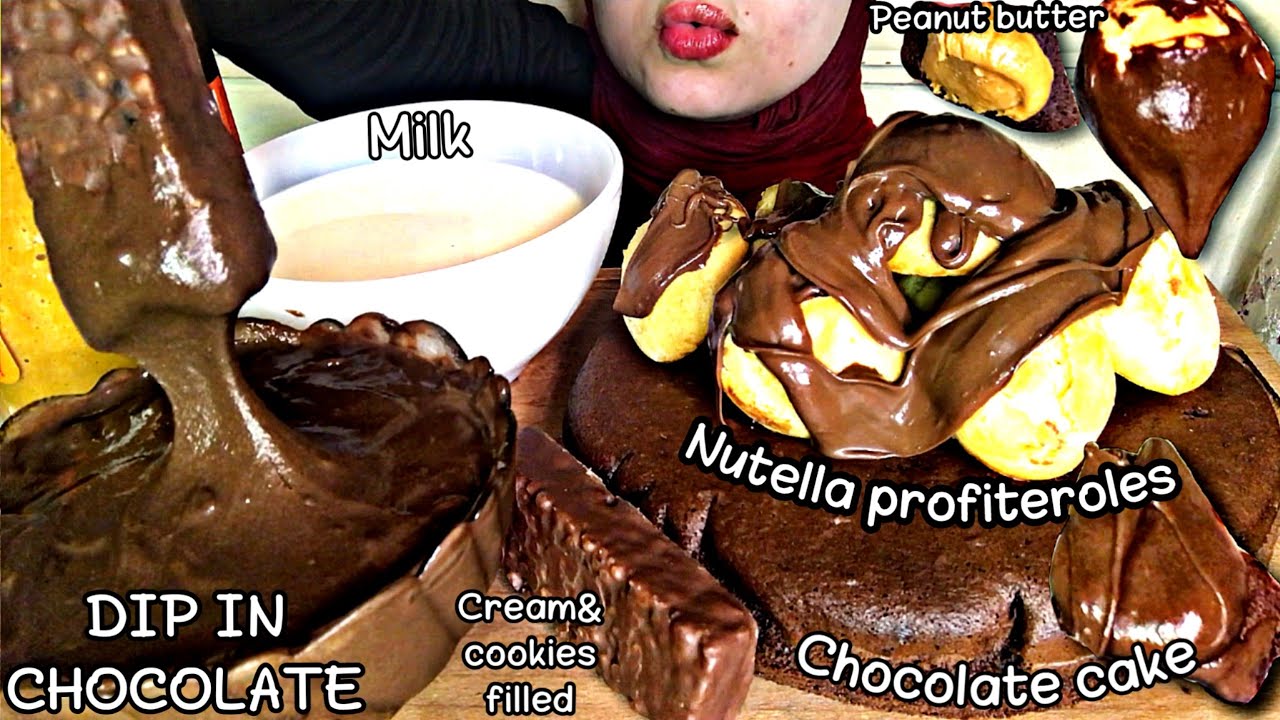 ASMR NUTELLA PROFITEROLES, CHOCOLATE CAKE DIPPED IN CHOCOLATE, PEANUT BUTTER누텔라 수익,초콜릿 케이크 MUKBANG